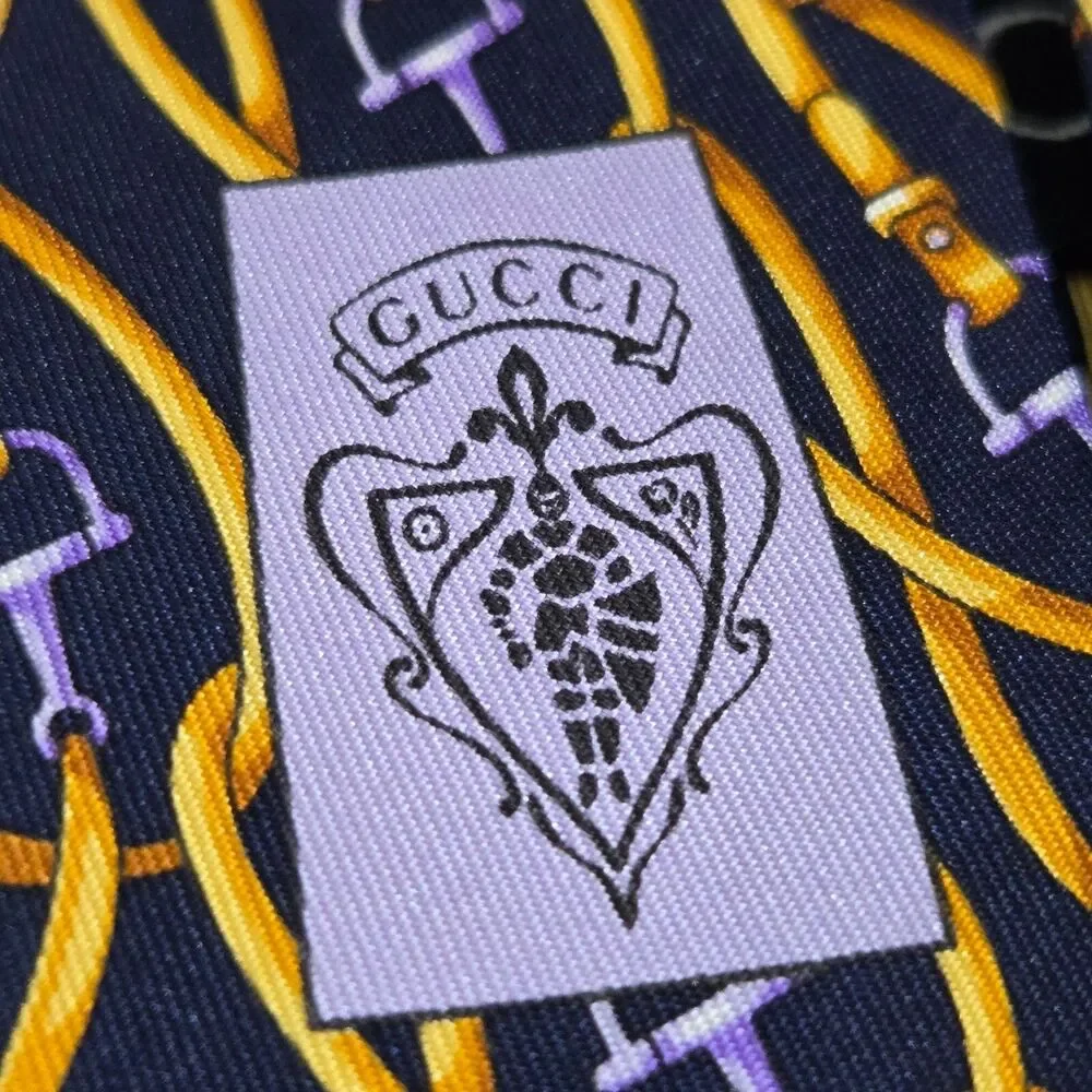 GUCCI Mens Tie Horsebit Pattern bridle‎ belt Silk Italy Blue Gold Old Money